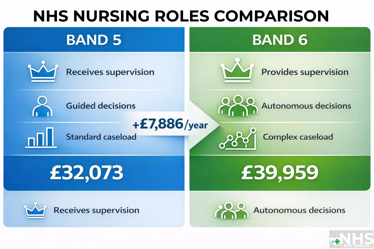 NHS Band 5 vs Band 6 nursing roles comparison infographic showing leadership, supervision, autonomy and salary difference